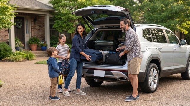 Happy family loading luggage into car trunk for road trip vacation outside suburban home