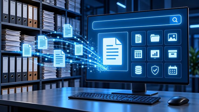 Document management system scanning physical folders into glowing digital archives on computer monitor screen