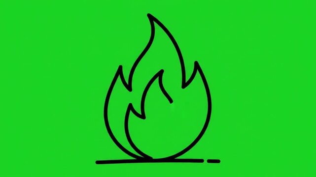 Hand Drawn Fire Flame Outline Appearing with Dynamic Motion on Green Screen Background, Energy Animation