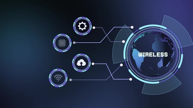 Global wireless network communication concept featuring futuristic digital technology interface and icons