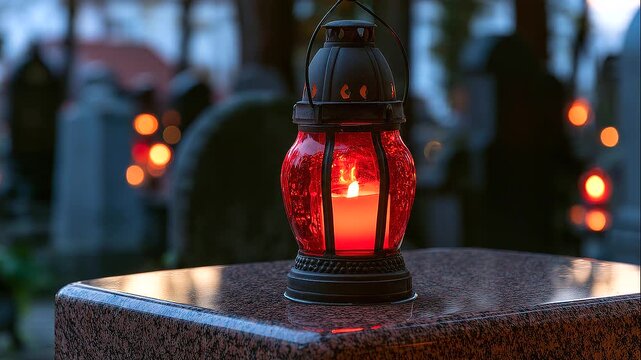 Close-up of a red memorial candle glowing inside a small metal and glass lantern placed on a polished granite grave, rows of cemetery headstones and additional lights fading int