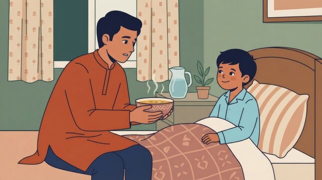 bringing soup carefully to sick child in bed, South Asian parent and child characters single scene with character(s), natural pose and expression, env
