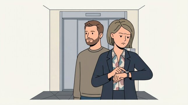 checking a wristwatch every few seconds while standing next to a stranger, impatient silence, elevator ride tension, Slavic adult character single sce