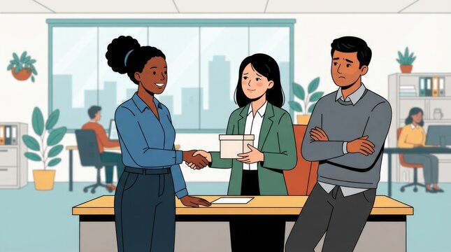 congratulating colleague on promotion with genuine mixed feelings, multiethnic office characters single scene with character(s), natural pose and expr