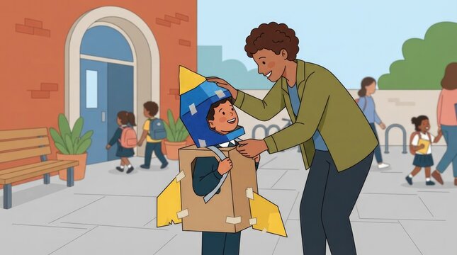 dropping off child in lopsided handmade costume, proud, multiethnic parent characters single scene with character(s), natural pose and expression, env