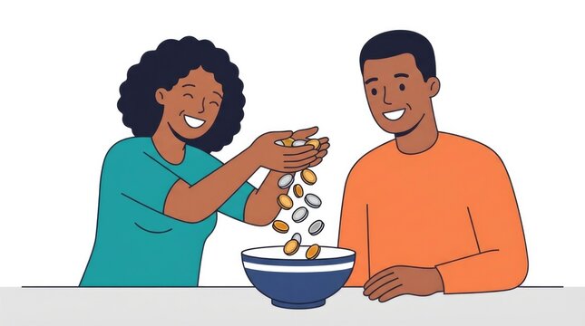 pouring out a handful of change after finding a cheaper alternative, victory of the budget-conscious, multiethnic characters single scene with charact