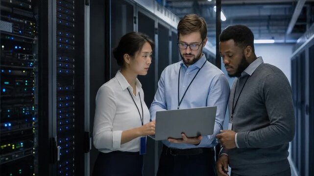 IT workers in a data center using a laptop.