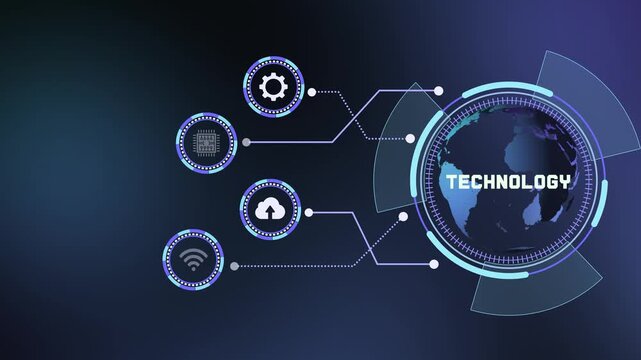 Advanced global network technology background featuring interactive digital interface with connected icons