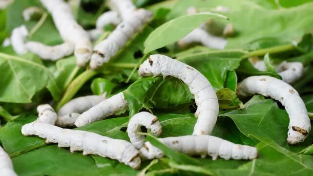 Silkworms on the leaves.