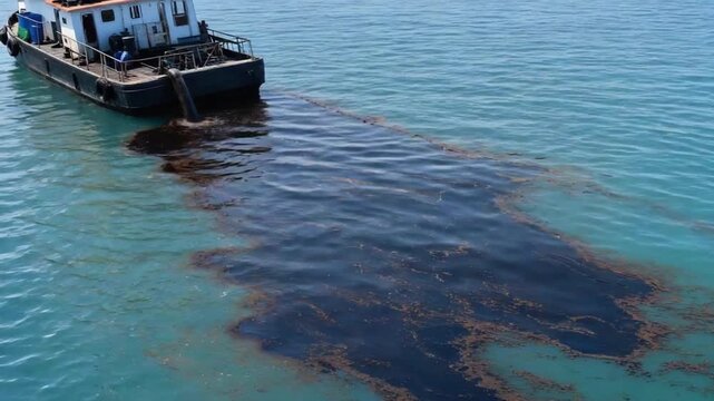Oil spill from a ship into the sea.