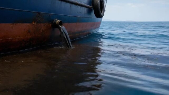 Oil spill from a ship into the sea.