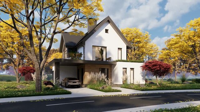 4K pan of a modern suburban house exterior in autumn. Features a white facade, warm wood accents, and an open carport, surrounded by vibrant yellow fall trees and a bright blue sky.