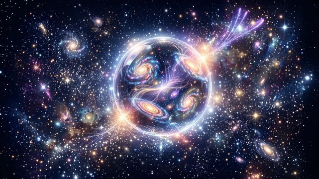 Abstract representation of a multiverse neon bubble containing multiple galaxies expanding in outer space