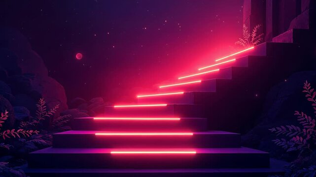 Mystical stone staircase with glowing pink neon lights surrounded by plants under a starry night sky