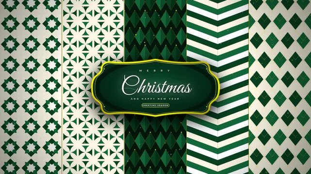 Set of Christmas seamless patterns with green and gold geometric luxury backgrounds and holiday greeting labels