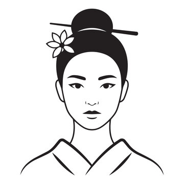 Minimalist Japanese Geisha Woman Portrait Vector Line Art Illustration with Floral Hair Accessory Traditional Kimono Style Beauty Logo Design Icon