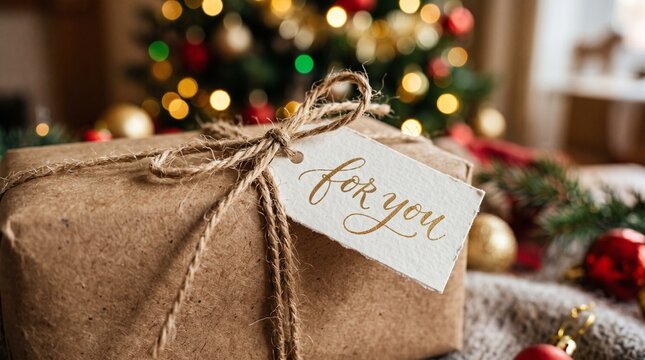 Christmas gift wrapped in brown paper with tag on festive background  
