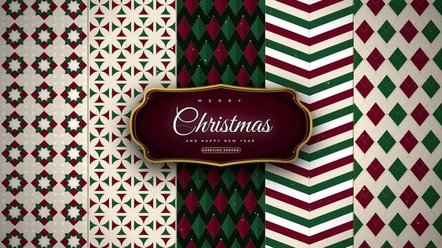 Set of Christmas seamless patterns with festive red and green geometric backgrounds and luxury labels