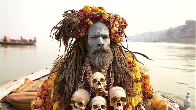 Front-facing portrait of a dramatically dressed Hindu sadhu on a riverside boat, gray ash-painted face framed by tangled dreadlocks, flower garlands, bead necklaces and symbolic