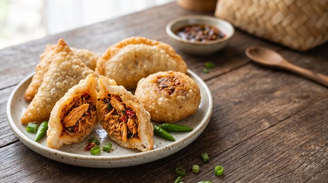 Delicious Indonesian Cireng Isi stuffed fried tapioca cake filled with spicy shredded chicken