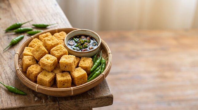 Delicious crispy Sumedang fried tofu served with fresh green chili peppers and soy sauce dip