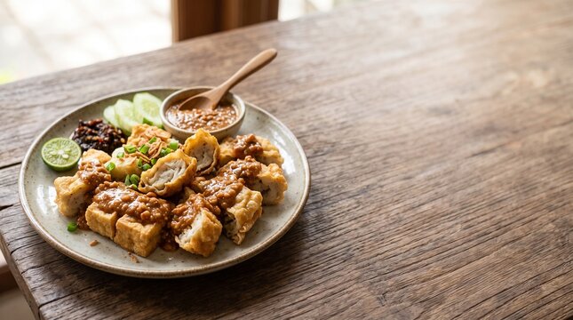 Crispy Indonesian Batagor fried fish dumpling and tofu served with savory peanut sauce