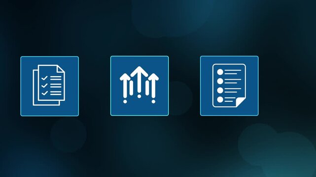 Business analytics icon animation featuring checklists, upward trends, performance tracking, planning, reporting, and productivity concepts.