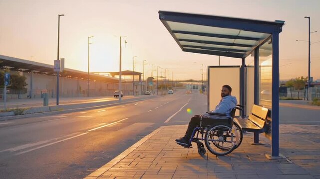 Person in wheelchair waiting for the bus.