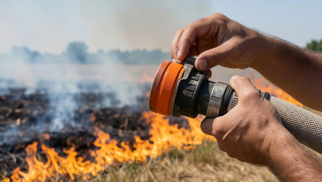Close-up of hands holding a fire hose nozzle to extinguish a wildfire in a field. Active flames and smoke burn dry grass during a summer emergency