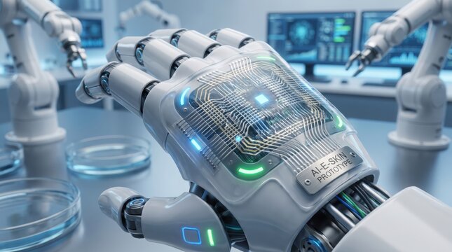 Robotic hand integrated with glowing circuit components being assembled by robotic arms in a facility robot arm integrated circuitry assembly line automated manufacturing bionic technology