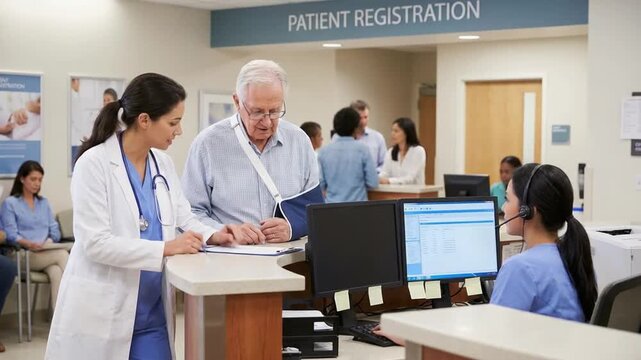 Patient at a hospital reception talking to a doctor.
