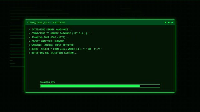 Animated green hacker terminal screen showing SQL injection threat detection