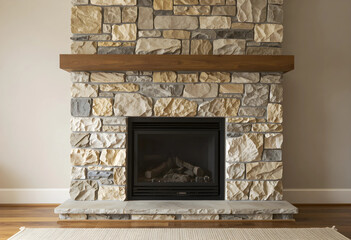 Obraz premium Home comfort and interior design, modern stone fireplace with wooden mantel in a cozy living room for real estate and residential architecture projects