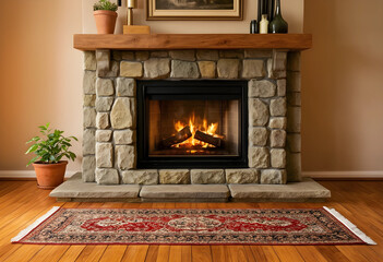 Obraz premium Cozy home atmosphere and interior design, stone fireplace with burning fire and wooden mantel in a warm living room with hardwood floors and rug