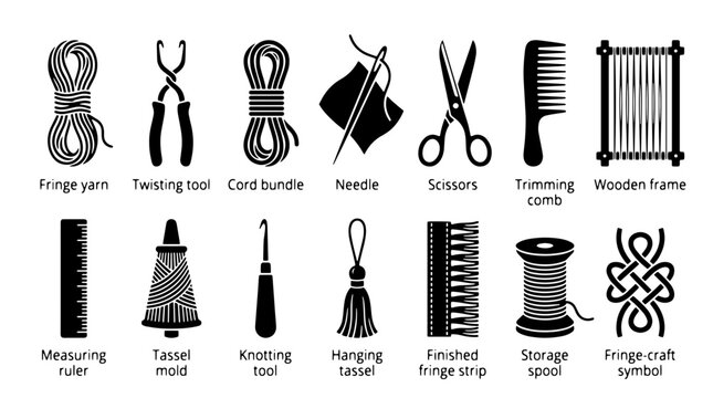 Macrame craft tools icon set, 14 black fringe yarn and knotting equipment symbols, handmade textile hobby vector elements