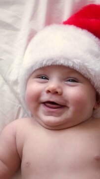 Joyful smiling baby girl wearing red Santa Claus hat. Vertical video of laughing newborn kid showing cheerful emotion during Christmas holiday. Infant Christmas celebration. Baby emotional milestones