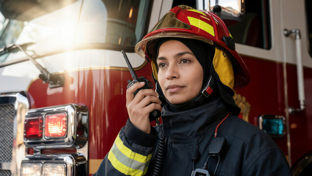 A professional female firefighter in a hijab and protective helmet stands by a fire truck. She holds a walkie-talkie, ready for emergency service, embodying bravery and safety