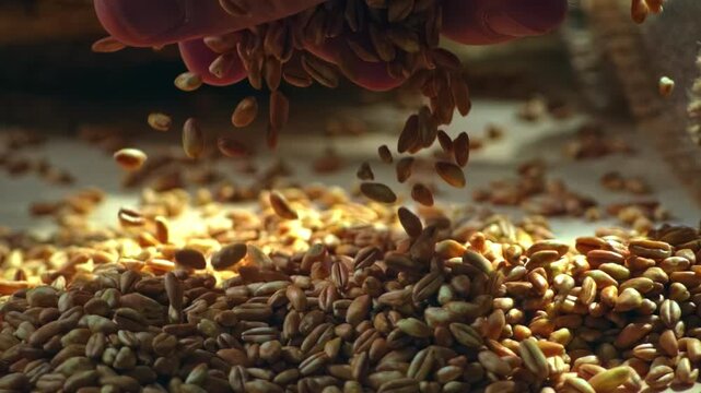 Farmer's hand gently touching and releasing fresh wheat grains, captured in cinematic light. An authentic agricultural scene evoking harvest, nature, craftsmanship and connection to the land.