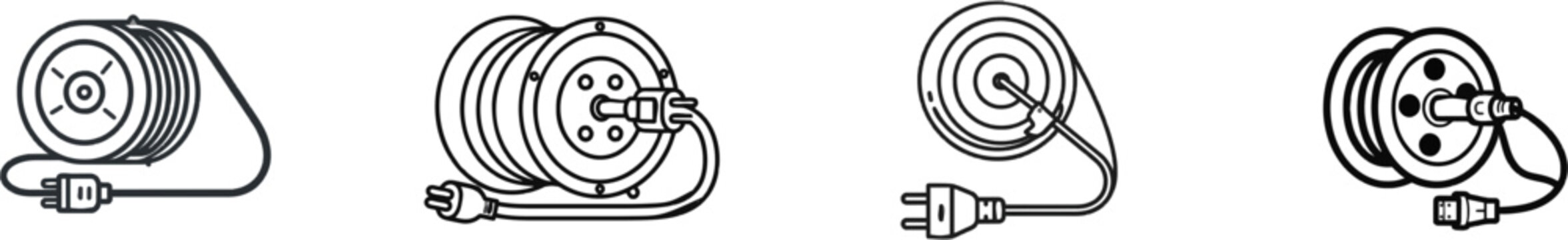 A sleek black and white line art icon of a heavy-duty electric extension cord reel, with its plug neatly coiled at the end, set against a pure white background