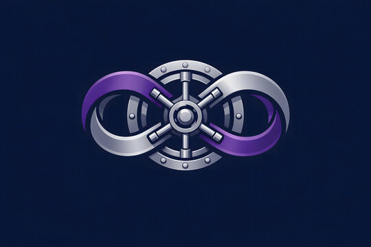Infinity loop safe lock icon with a metal vault wheel on a dark blue background.