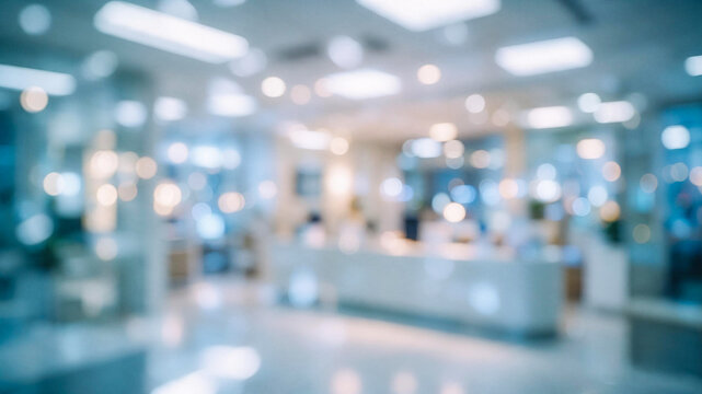a blurred interior of a modern office reception area, featuring bright lights and a welcoming ambiance with soft colors and an organized design.