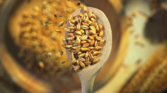 Top-down view of spelt grains falling from a wooden spoon onto a rustic table at 1000 fps, capturing natural texture, fresh harvest and an authentic farmhouse atmosphere in cinematic slow motion.
