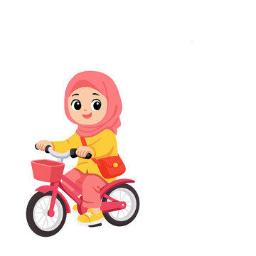 Cute hijab girl riding bicycle flat vector illustration 