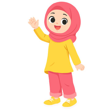 Cute Muslim girl waving hand flat vector illustrations 