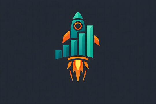 Rocket launch integrated with a rising growth bar chart icon