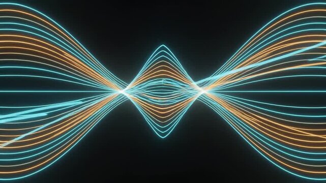 Abstract digital sound wave with glowing blue and orange lines, futuristic frequency visualization, neon light motion graphics for music production