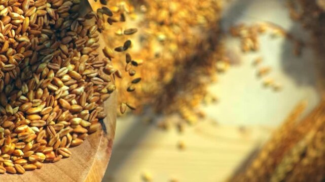 Top-down view of cereal grains cascading from a rustic bowl onto a wooden table, evoking a fresh harvest, natural ingredients and an authentic farmhouse atmosphere.