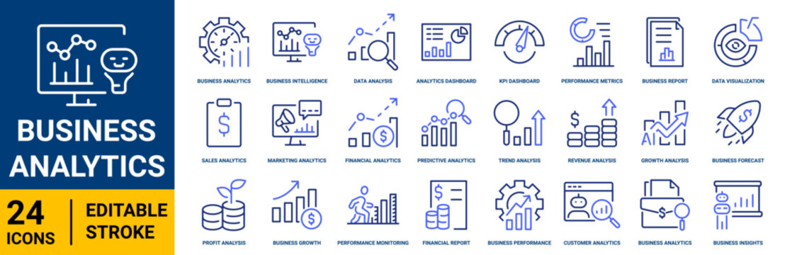 Set of 24 outline icons related to Business Analytics. Linear icon collection. Blue duotone color. Editable stroke. Vector illustration
