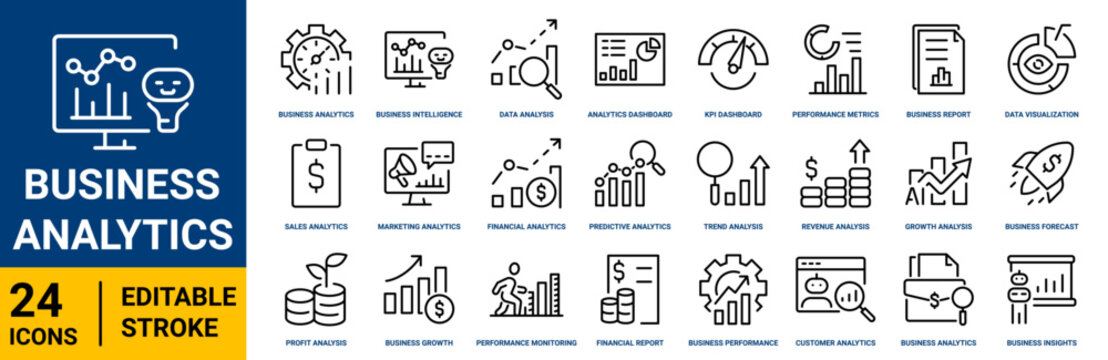 Set of 24 outline icons related to Business Analytics. Linear icon collection. Editable stroke. Vector illustration
