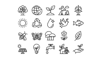 Fototapeta premium Ecology line icon set featuring nature environment conservation sustainability renewable energy plants water and earth vector symbols